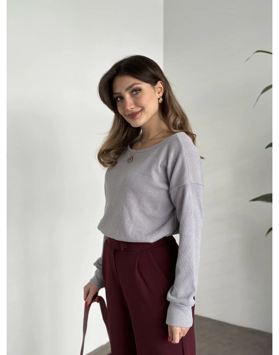 Kayık yaka ince triko gri