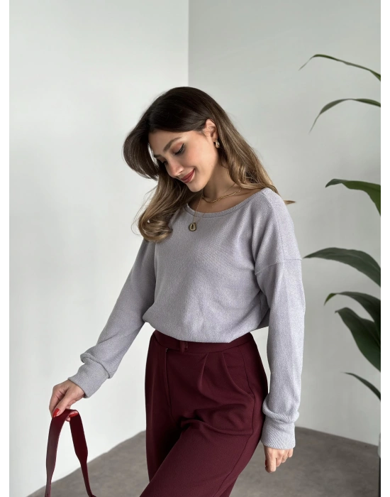 Kayık yaka ince triko gri