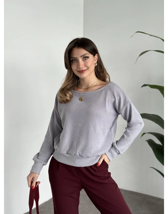 Kayık yaka ince triko gri