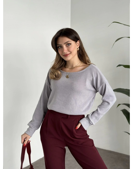 Kayık yaka ince triko gri