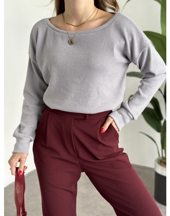 Kayık yaka ince triko gri