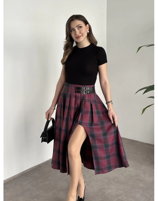 Kemer detaylı yırtmaçlı piliseli etek mürdüm