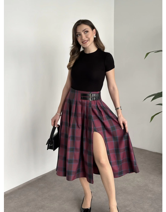 Kemer detaylı yırtmaçlı piliseli etek mürdüm