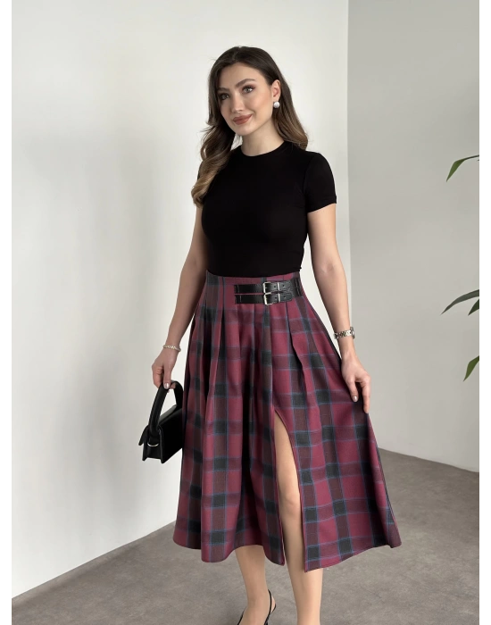 Kemer detaylı yırtmaçlı piliseli etek mürdüm