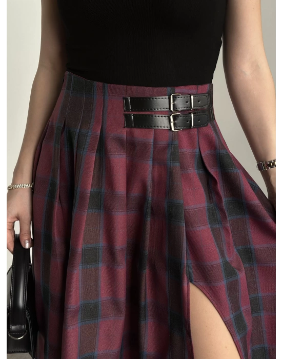 Kemer detaylı yırtmaçlı piliseli etek mürdüm