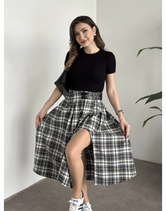 Kemer detaylı yırtmaçlı piliseli etek siyah