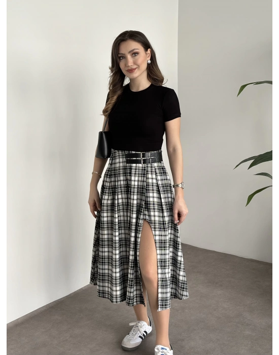 Kemer detaylı yırtmaçlı piliseli etek siyah