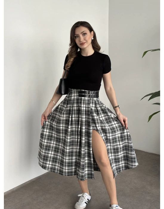 Kemer detaylı yırtmaçlı piliseli etek siyah