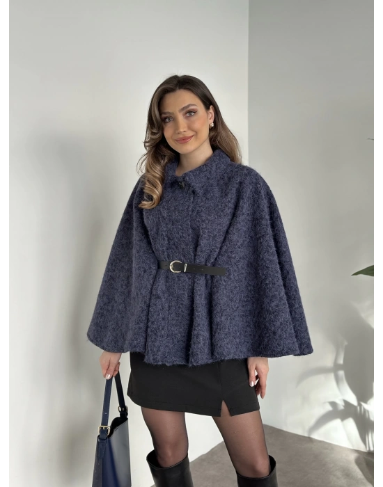 Kemerli saçaklı kaşe panço lacivert