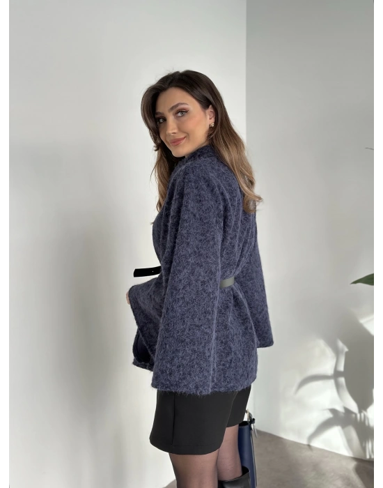 Kemerli saçaklı kaşe panço lacivert