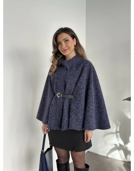 Kemerli saçaklı kaşe panço lacivert