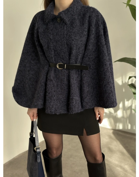 Kemerli saçaklı kaşe panço lacivert