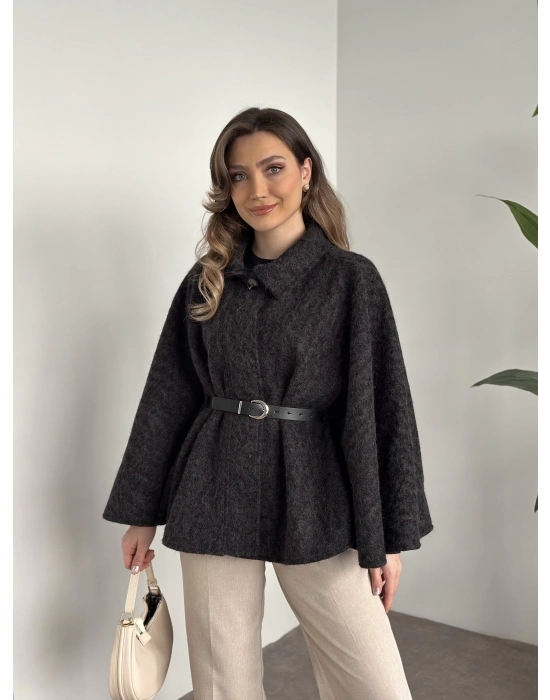 Kemerli saçaklı kaşe panço siyah