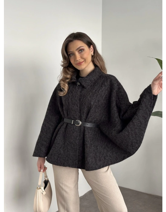 Kemerli saçaklı kaşe panço siyah