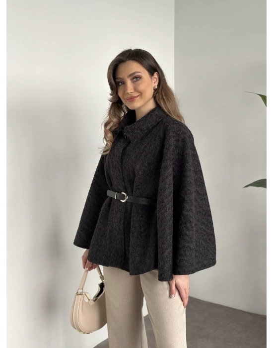 Kemerli saçaklı kaşe panço siyah