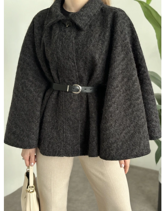 Kemerli saçaklı kaşe panço siyah