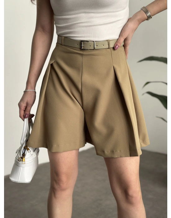 Kendinden kemerli piliseli mini şort yeşil