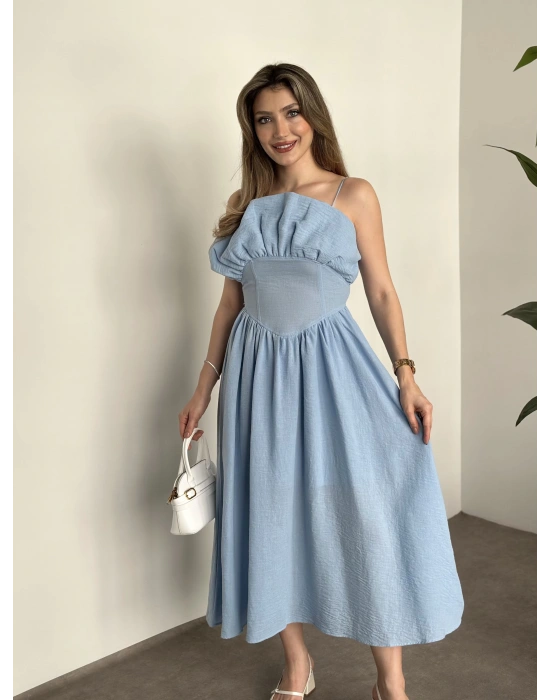 Keten korseli elbise bebek mavisi
