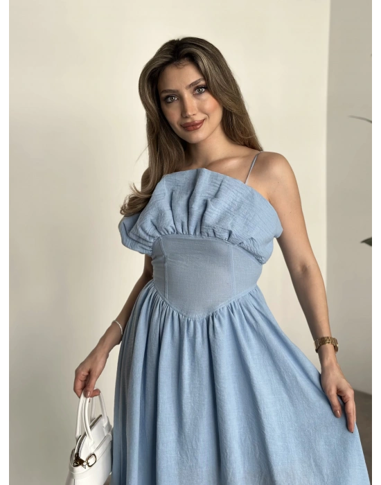 Keten korseli elbise bebek mavisi