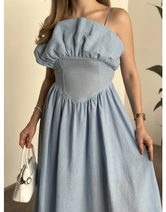 Keten korseli elbise bebek mavisi