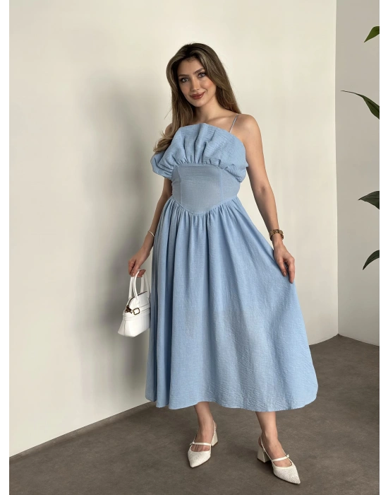 Keten korseli elbise bebek mavisi