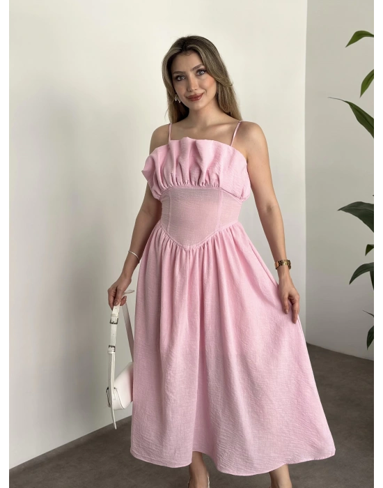 Keten korseli elbise pembe
