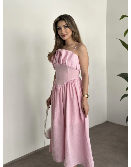 Keten korseli elbise pembe