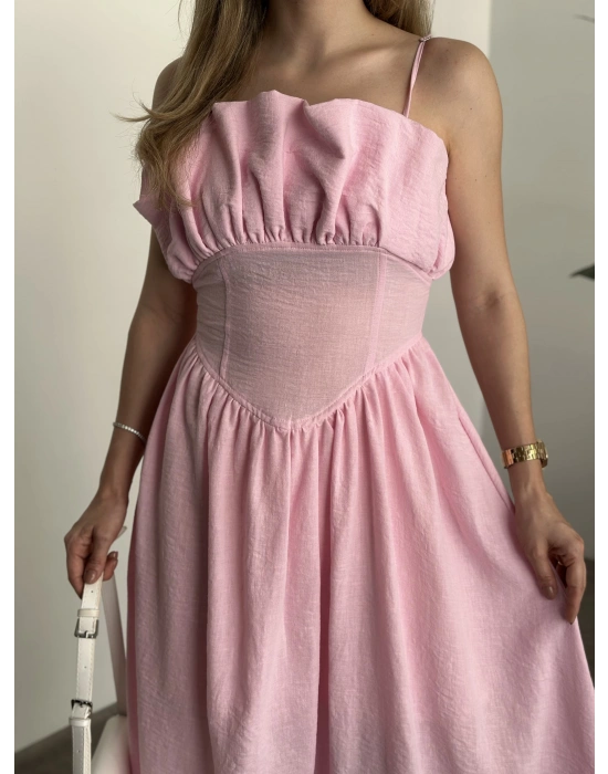 Keten korseli elbise pembe