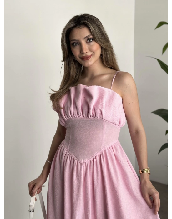 Keten korseli elbise pembe