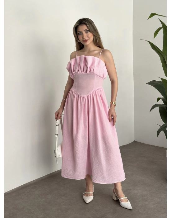 Keten korseli elbise pembe