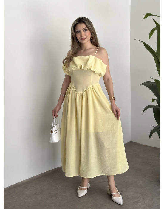 Keten korseli elbise sarı