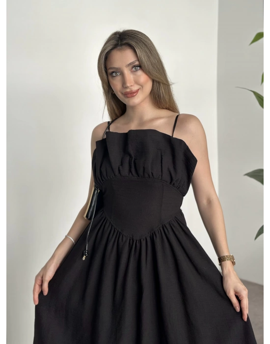 Keten korseli elbise siyah
