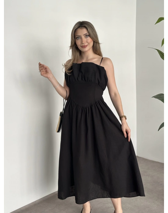 Keten korseli elbise siyah