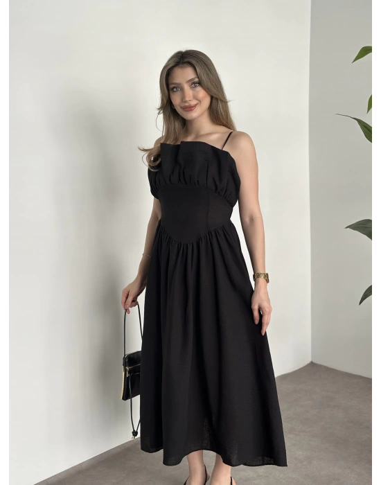 Keten korseli elbise siyah