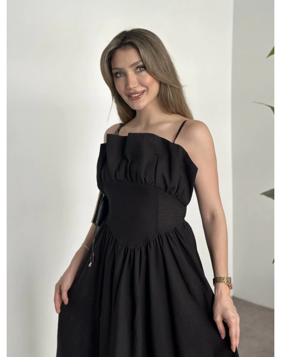 Keten korseli elbise siyah