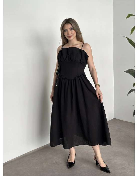 Keten korseli elbise siyah