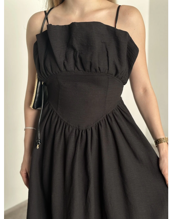 Keten korseli elbise siyah
