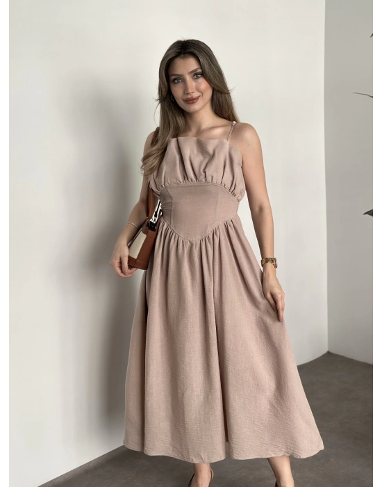 Keten korseli elbise vizon