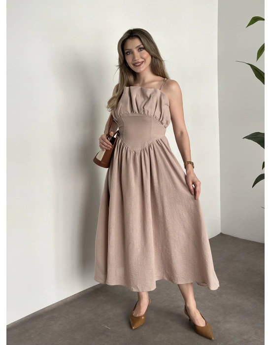 Keten korseli elbise vizon