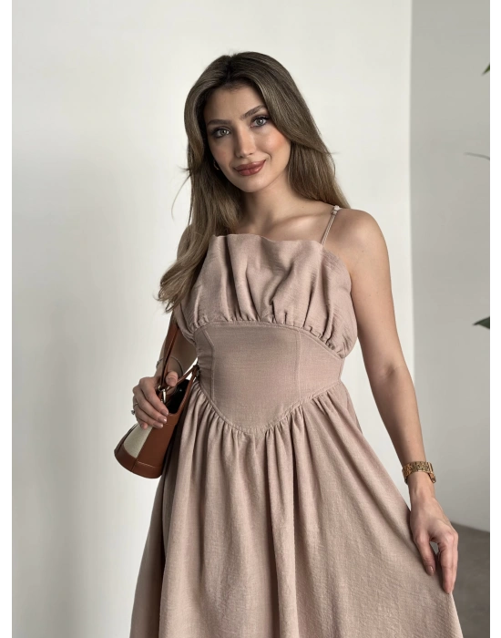 Keten korseli elbise vizon