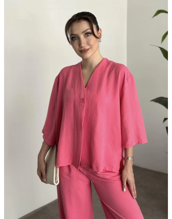 Kimona düğmeli takım pembe