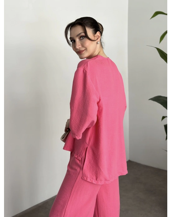 Kimona düğmeli takım pembe