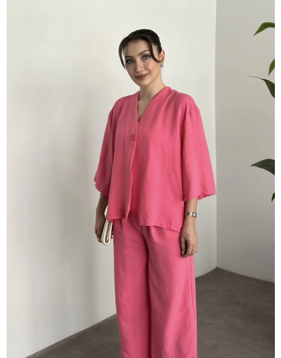 Kimona düğmeli takım pembe