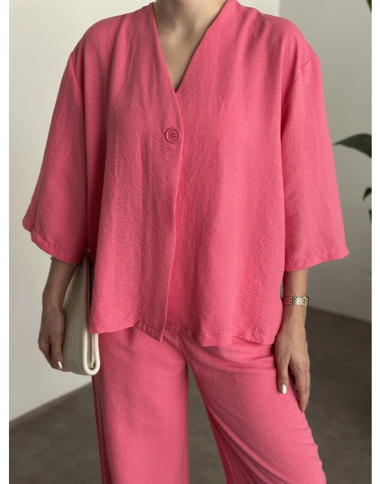 Kimona düğmeli takım pembe