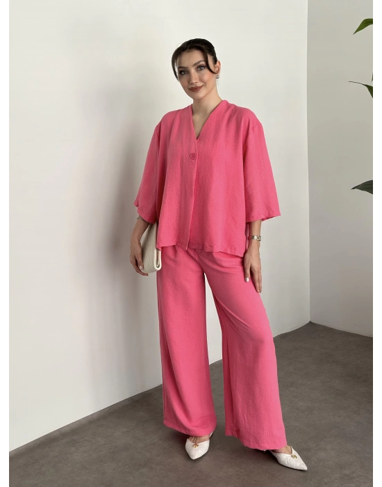 Kimona düğmeli takım pembe