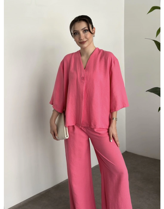 Kimona düğmeli takım pembe
