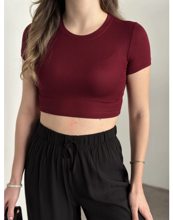 Kısa kol crop boy modal kumaş body bordo