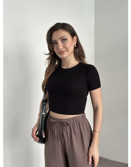 Kısa kol crop boy modal kumaş body siyah