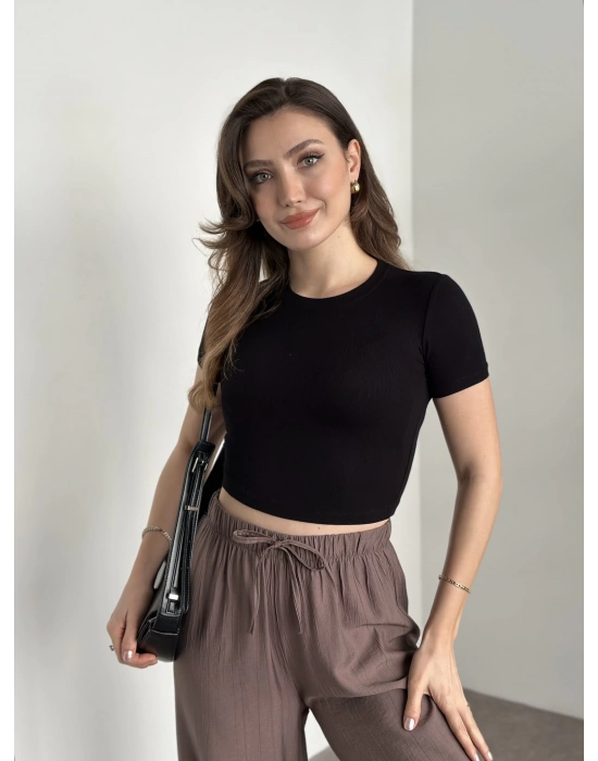 Kısa kol crop boy modal kumaş body siyah