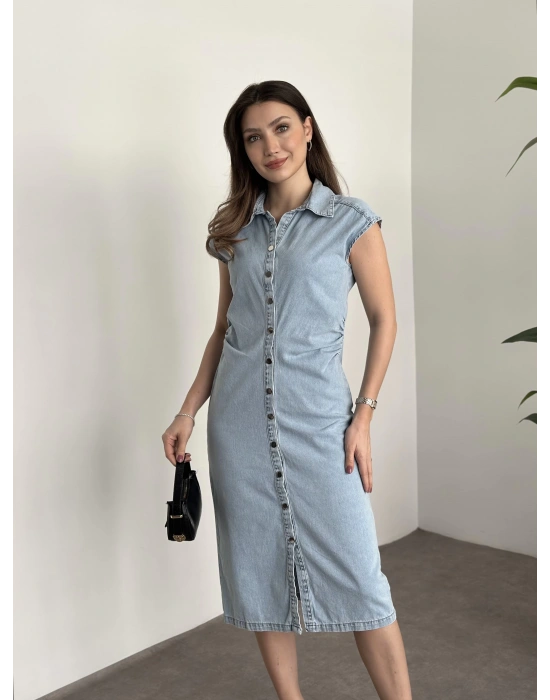 Kısa kollu çıt çıt düğmeli denim elbise açık